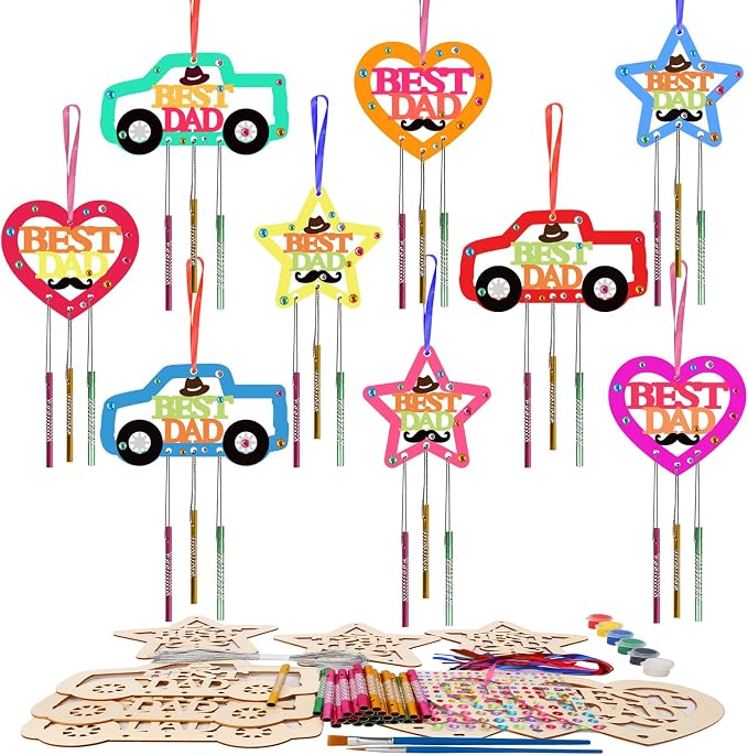 Fennoral 9 Pack DaD Wind Chime Kit for Kids Make You Own Fathers Day Craft DIY Coloring Wooden Father's Day Art and Craft for Art Activity Dad Birthday Decoration Dad Gifts from Daughter Son