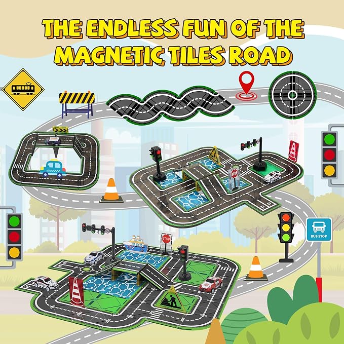 Magnetic Tiles for Kids Ages 4-8, Road Set with Traffic Light Boy Stem Toys | Traffic City Center Expansion Set, Pullback Car, Ship, Race Track, Preschool Building Blocks Toy, Gifts for 4+year old
