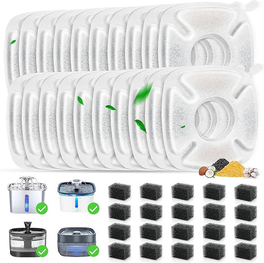 40 Pack Cat Water Fountain Carbon Filters, 20 Pcs Replacement Pet Filters with 20 Pcs Pre-Sponges Compatible with 67oz/2L 95oz/2.8L 135oz/4L Automatic Cats Dog Water Fountain Dispenser