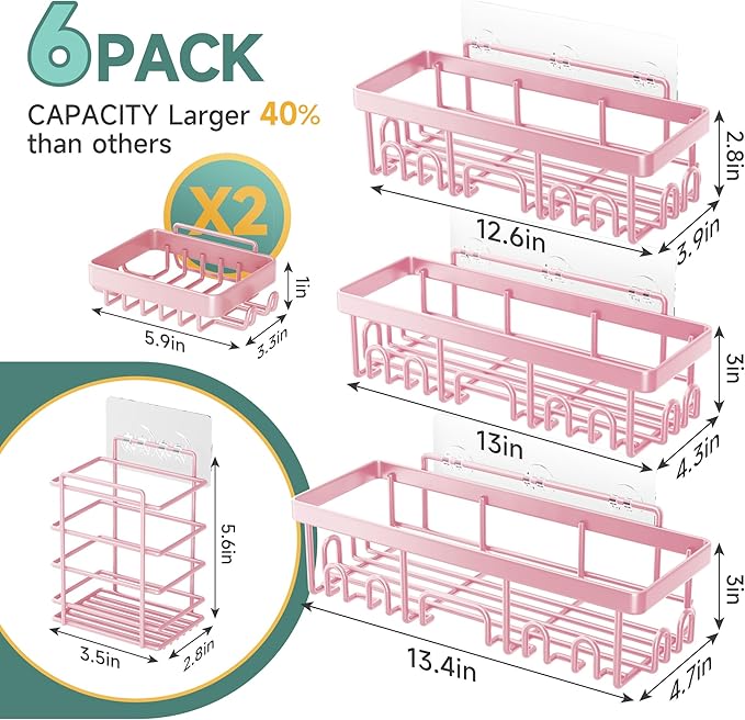 Veken Large Capacity Shower Caddy 6-Pack, No Drilling & Rustproof, Adhesive Shower Shelves with Soap Holder, Bathroom Organizers and Storage, Wall-Mounted Kitchen & Home Decor, Pink