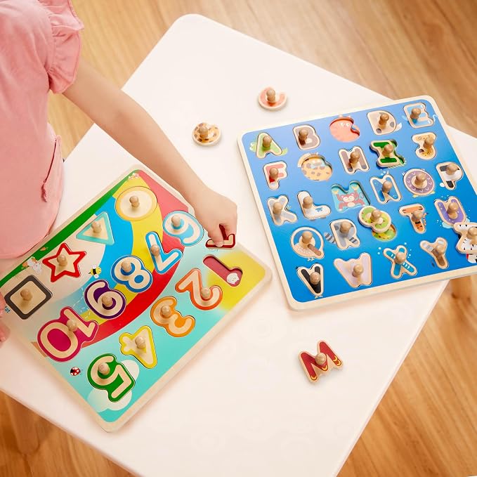 Battat Wooden Number and Shapes Puzzle, Puzzle n Learn Garden, Wood Toys | 15-piece wooden puzzle with 1 board, 10 number pieces, and 4 shape pieces for early math and matching play, 2+ Years