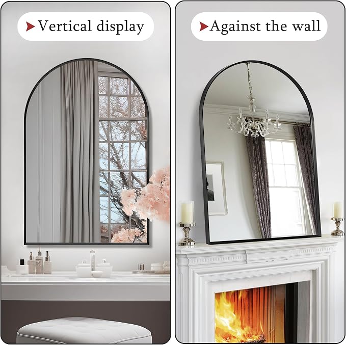 30" x 48" Black Arched Mirror, Arch Wall Mirror, Metal Frame Black Bathroom