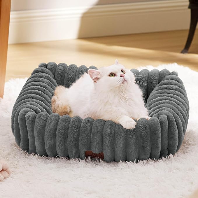 Bedsure Cute Dog Bed for Small Dogs & Cats - Washable Furry Puppy Beds, Rectangle Orthopedic Corduroy Fleece Pet Beds with Removable Zipper Cover, 20x19x6inches, Warm Grey