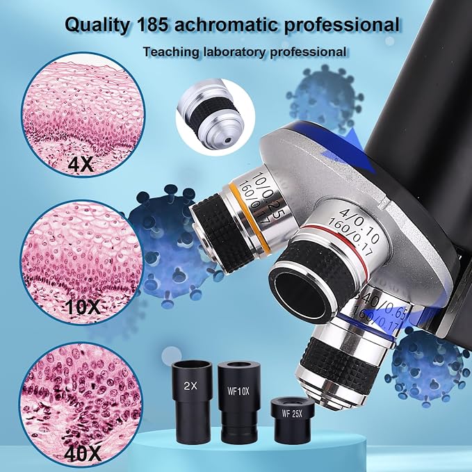 Microscope 40X-2500X Magnification with 4.3-inch Display, Wide-Angle 10X and 25X eyepieces, and Built-in 5-megapixel Camera for School Labs, Animal Husbandry (Black)