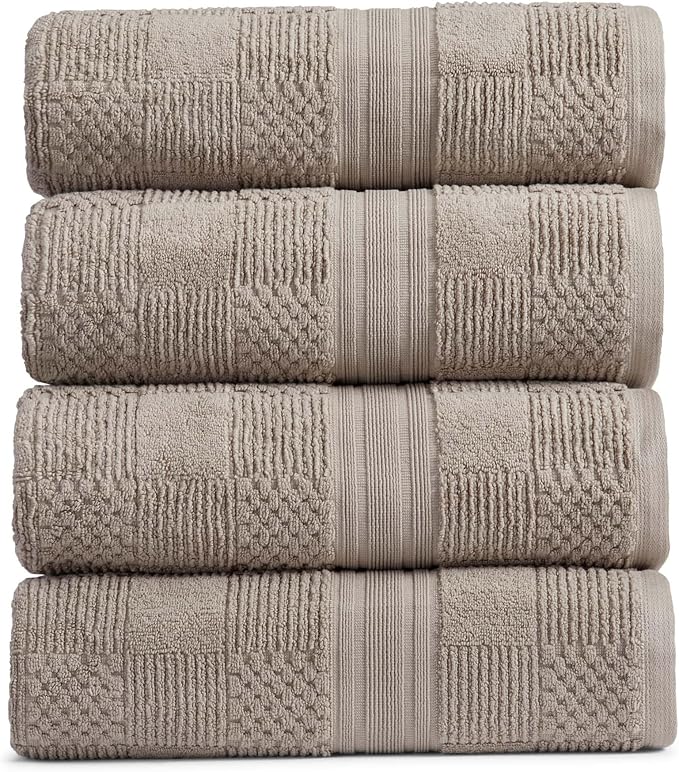Springtree Home 100% Cotton Bath Towel Set of 4 | Brown Bath Towels | Geometric Textured Design | Absorbent & Quick-Dry | 4 Bath Towels | Oeko-TEX® Standard 100 Cotton | Myla Collection - Cobblestone