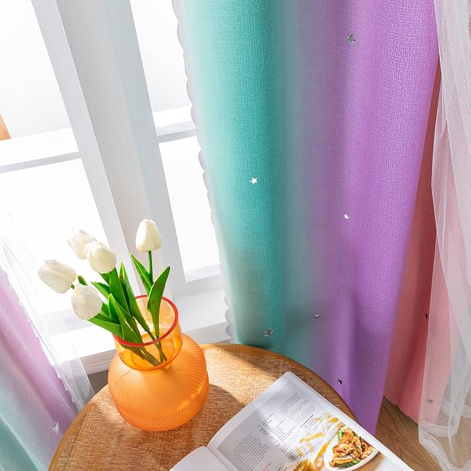 XiDi Curtains for Bedroom Decor, Rainbow PinkPuGreen-52-90
