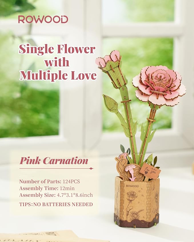 rowood 3D Puzzle Wood Flower,DIY Artifical Flower Building Set Craft Kit for Women,Mother's Day/Valentine's Day/Teacher's Day/Thanksgiving/Christmas/Birthday Gift -Pink Carnation