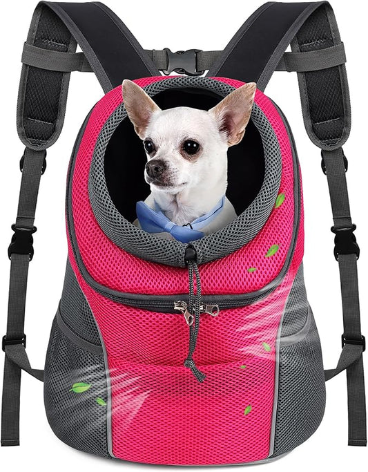WOYYHO Pet Dog Carrier Backpack Small Dog Front Backpack Ventilated Dog Carrier Back Pack with Storage Pockets, Adjustable Straps & Safety Belt for Travel Hiking Outdoor (Size L: 10-14 lbs, Rose)