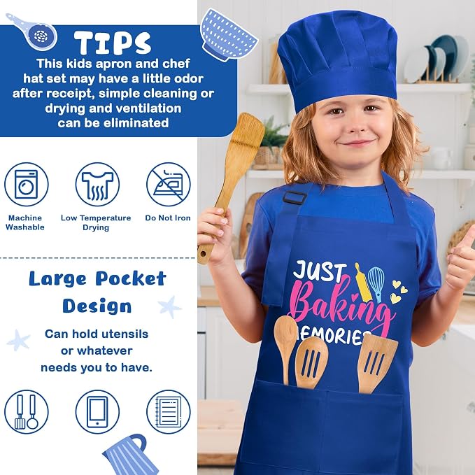 R HORSE 2 Pieces Kid Apron and Chef Hat Set, Dress up Role Play Chef Toy | Blue Baking Buddy Adjustable Children Kitchen Apron for Boy, Ideal for Cooking, Baking, Painting, Cooking Birthday Gift