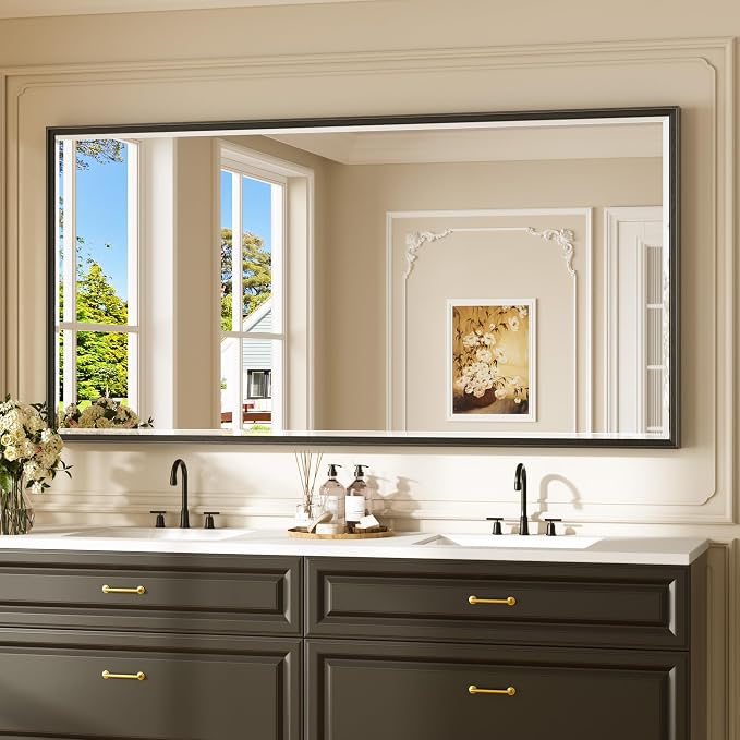 Keonjinn 72" x 36" Large Black Bathroom Vanity Mirror, Brushed Black Framed