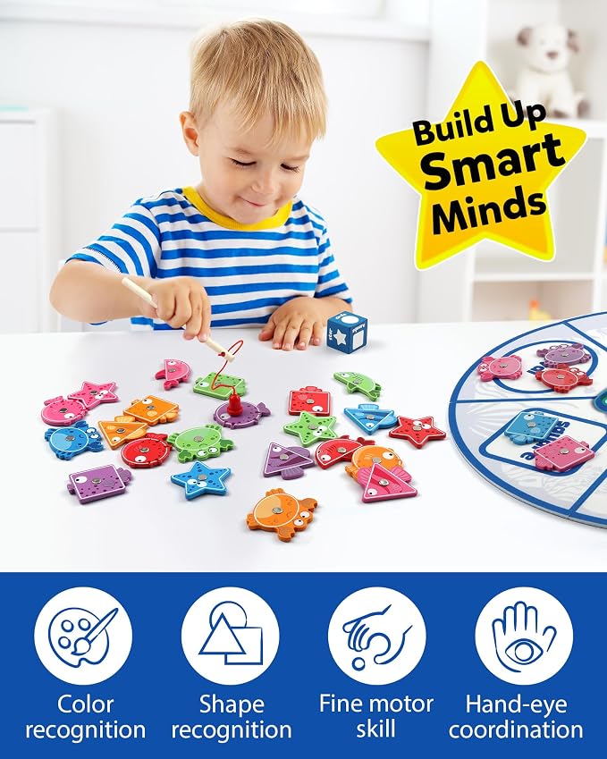 Coogam Montessori Toy for Toddlers, Fine Motor Skill Wooden Magnetic Fishing Game for Year Old Kids, Color and Shape Sorter for Age 3 4 5 Girls Boys Preschool Educational Gift