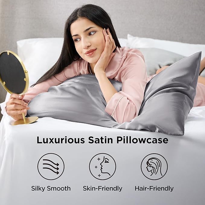 Bedsure Satin Pillowcase 2 Pack Similar to Silk Pillow Cases Standard Size, Pillow Case for Sleeping Women with Envelope Closure, Gifts for Women Men, Dark Grey, 20x26 Inches, 2pcs