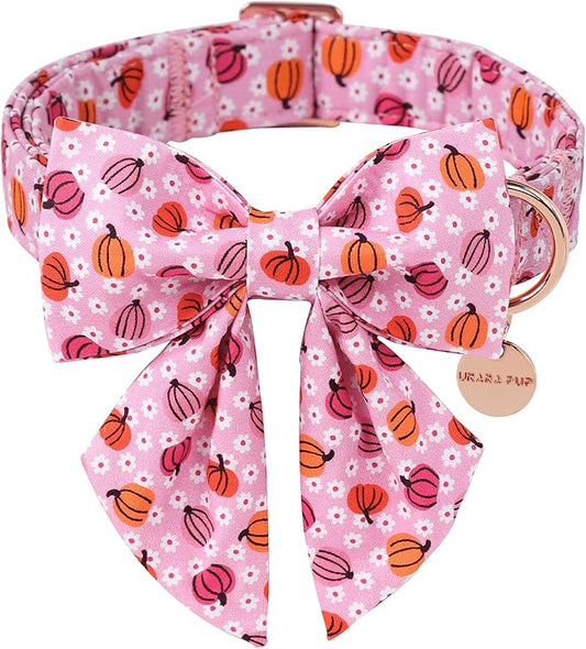 Halloween Pumpkin Dog Collar with Bow Tie, Pink Halloween Puppy Bowtie Collar with Adjustable Metal Buckle,Fancy Dog Collar Bowtie for Girl Boy Dog,XL