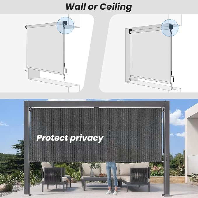 8'W x 6'H Gray Patio Shades Roll up Outdoor Roller Shade Crank Wand Blind