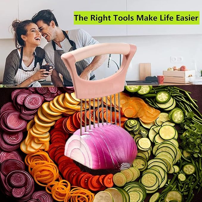 Upgraded Stainless Steel Lemon Slicer Onion Cutter, Onion Holder for Slicing, Vegetable Cutter Kitchen Chopper Slicing Assistant Tool for Potato and Tomato Avocados Eggs Meat (1, Pink)