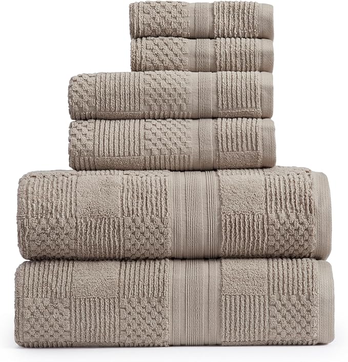 Springtree Home 100% Cotton Bathroom Towel Set | 6 Piece Set - Brown Bath Towels | Geometric Textured Design | Absorbent & Quick-Dry | Oeko-TEX® Standard 100 Cotton | Myla Collection - Cobblestone