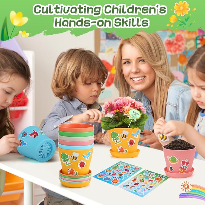 Cosweet 24Pack Durable Resin Garden Plant Pots Kit for Kids Crafts 4+ Years | School Activities Growing Kit, with Stickers & Blank Labels, Colorful Flower Pots, Spring Crafts, for Classroom Home DIY Gift