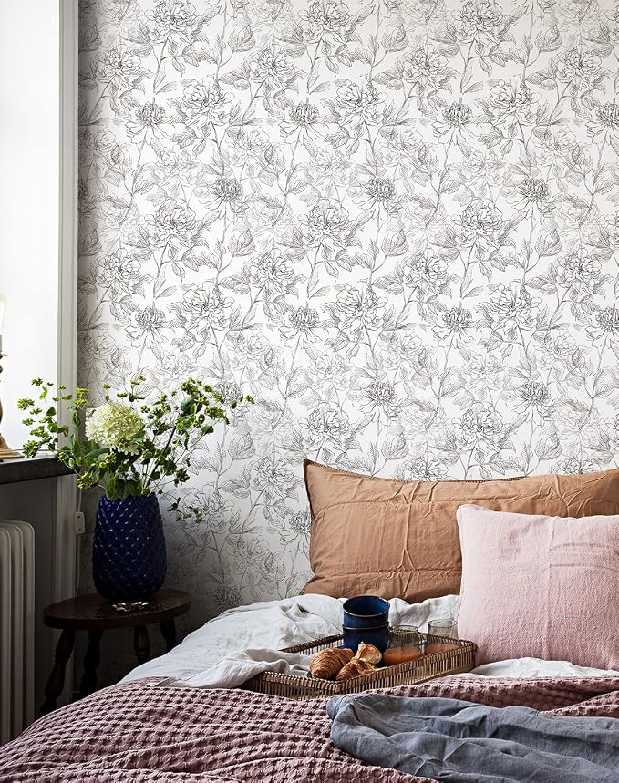 JiffDiff Black and White Floral Wallpaper Peonies Removable Peel and Stick