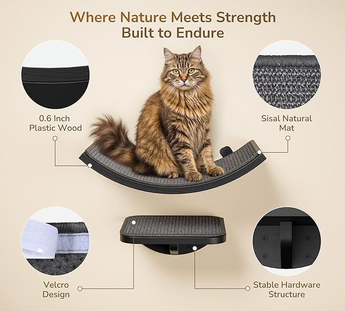 Grey Sisal-Padded Cat Wall Steps (2-Pack), Floating Wooden Cat Perch and Climbing Step Set, Wall Mounted Furniture for Jumping & Play