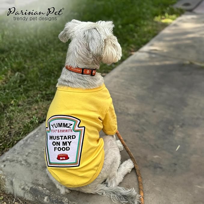 Parisian Pet Dog Shirt - Embroidered “Mustard on My Food“ - 100% Cotton and Polyester Dog Clothes - Sleeved, Lightweight Costume for Dogs - Yellow Dog Shirts for Large Dogs - Pet Costumes - 3XL