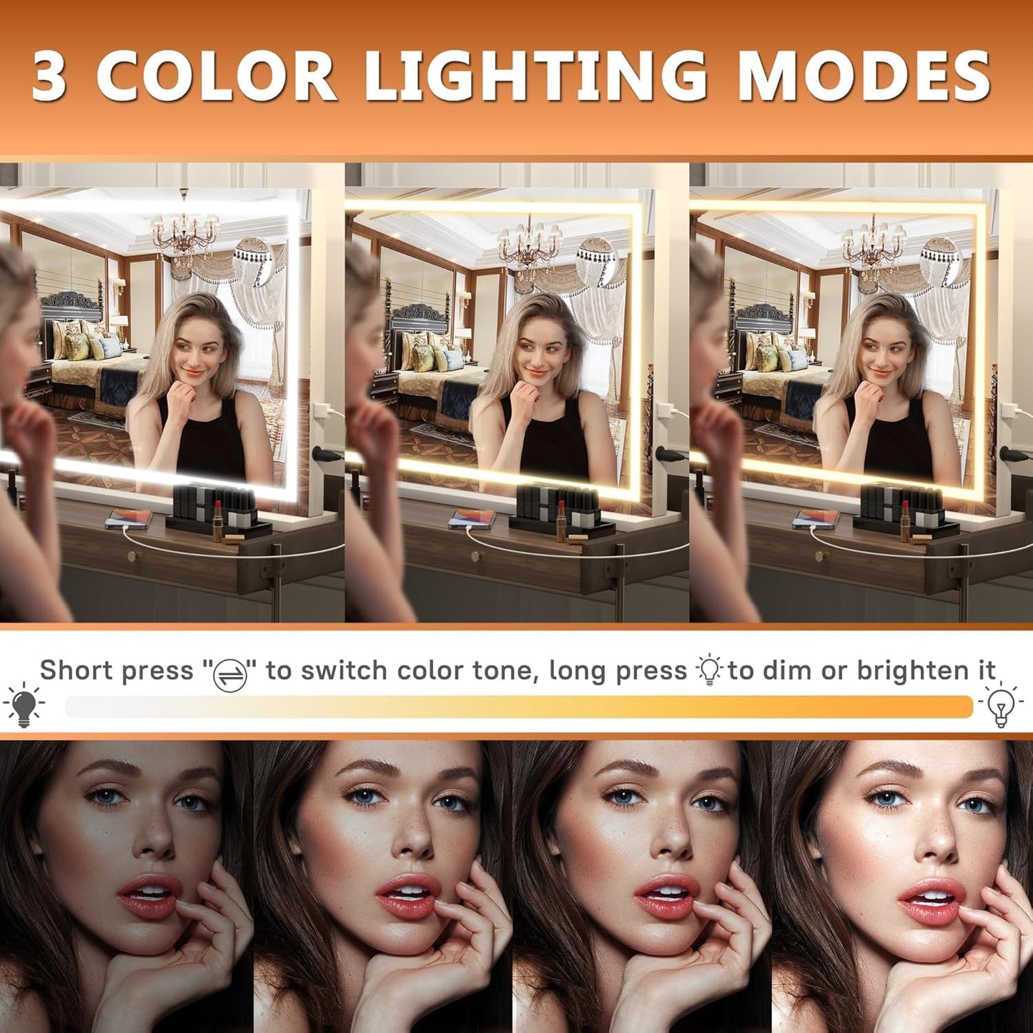 Hasipu Vanity Mirror with Lights, 32" x 24" LED Makeup Mirror, Lighted Makeup Mirror with Dimmable 3 Modes, Touch Screen Control Vanity Mirror Square White