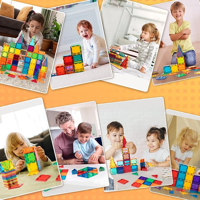 FNJO Magnetic Tiles, 64 PCS Magnetic Building Blocks, Magnets Building Set, STEM Toys for Kids Boys and Girls Creative and Inspirational