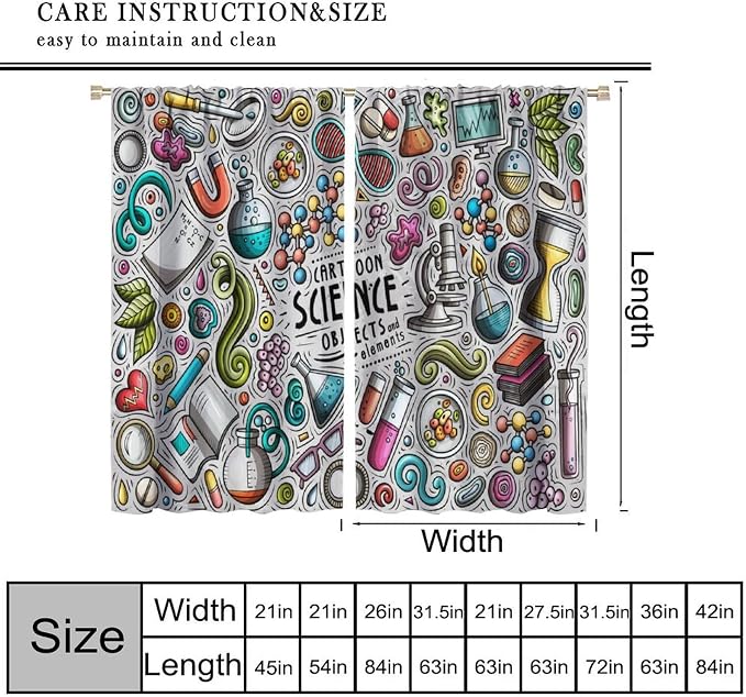 Science Symbols Kids Curtain Sketches Cartoon Chemistry Physics Geometry Education Pattern Print Window Drapes for Bedroom Living Room Kitchen Decor,2 Panel Set,42x45 Inch Decor