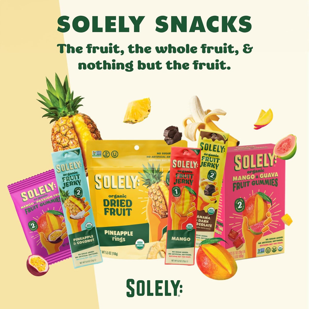SOLELY - Organic Fruit Jerky Variety Pack - 8 Flavors, 8 Individually Wrapped Fruit Strips - Fruit Leather - Healthy Snacks for Adults & Kids - Non GMO, Vegan - 0.8oz (23g)