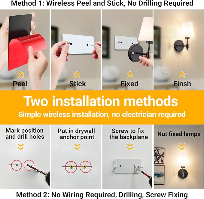 Vimhou Peel and Stick Wall Sconces, Stick On Wall Sconce Set of 2, Battery
