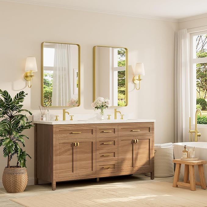 TETOTE Brushed Gold Bathroom Mirror, 24 x 36 Inch Metal Framed Mirror, Brushed