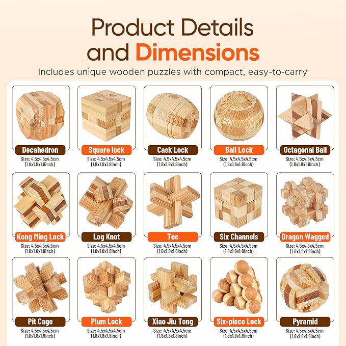 Wooden Brain Teaser Puzzles, 9pcs 3D Brain Teasers for Adults Teens Kids, Logic Mind Puzzle Box Lock Toy Removing Assembling 3D Small Puzzle Gift Set, Small 3D Unique IQ Hand Puzzles