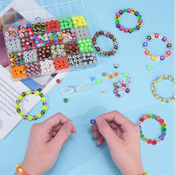 Gionlion Sports Polymer Clay Beads Bracelet Making Kit, Clay Beads with Basketball, Soccer, Baseball, and Football Designs for DIY Jewelry & Craft Projects