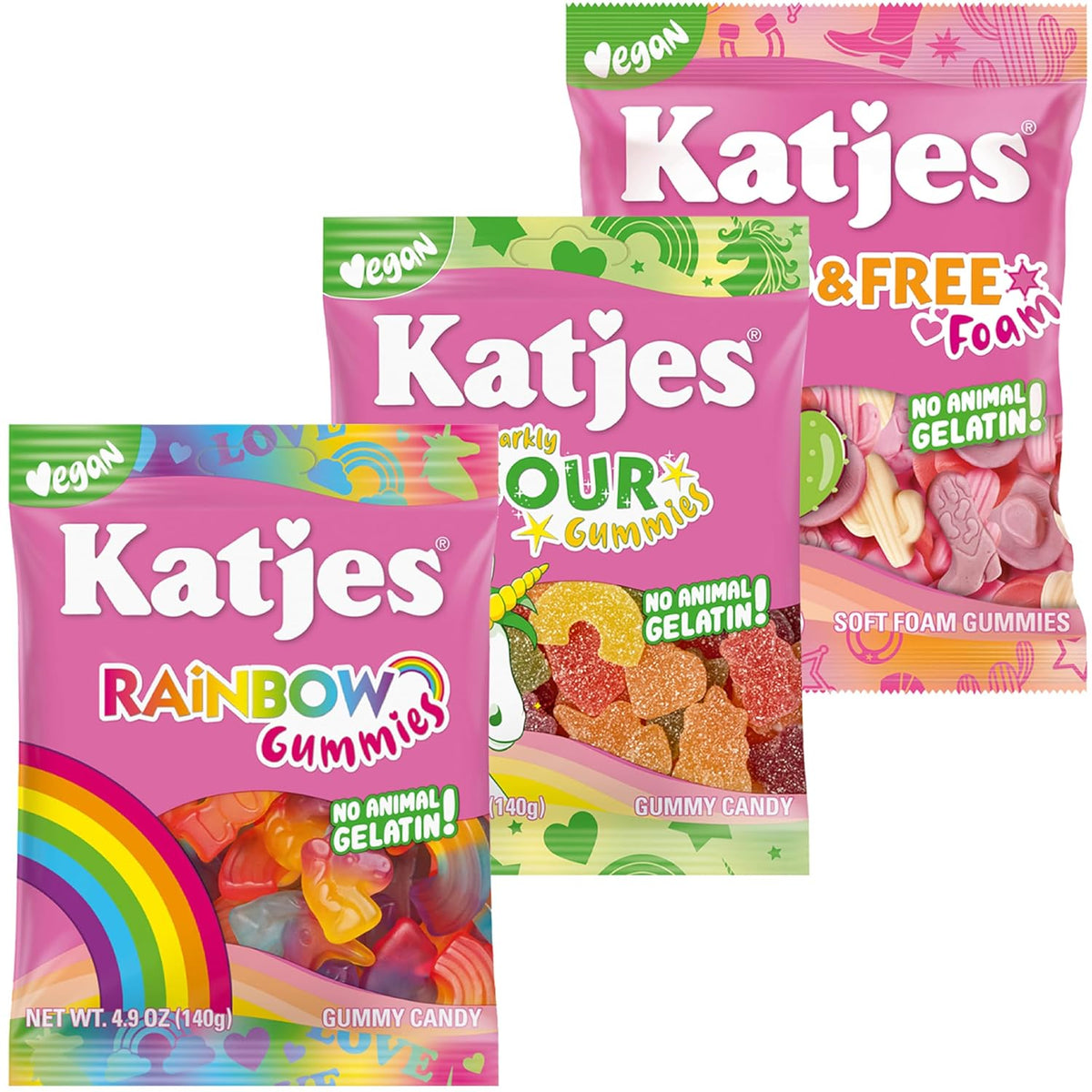 Katjes Vegan Gummy Candy Assortment, 4.9 oz Bags, 4 Flavor Pack - Rainbow Sour Wild Free Cosmic Visions Chewy Gummies – Gelatin-Free, Plant Based Sweet Fruity Snacks
