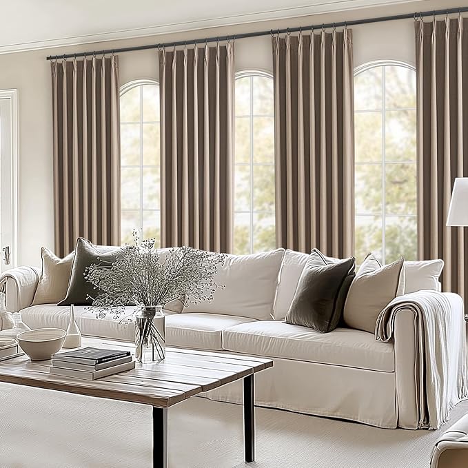 Topfinel 102 Inches Long Custom Blackout Linen Curtains, Pinch Pleated Noise Cancelling Curtains with Pin Hooks for Traverse Rods, Earth Tone Viral Drapes 2 Panels for Living Room Master Bedroom