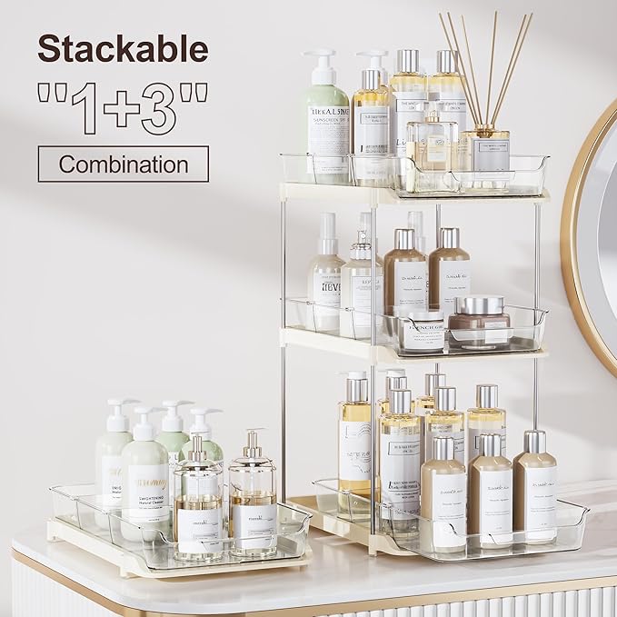 Delamu 2-Tier Multi-Purpose Bathroom Under Sink Organizers and Storage, Stackable Kitchen Pantry Organization, Pull Out Medicine Cabinet Organizer with Movable Dividers, Beige, 2 Pack