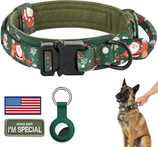 DAGANXI Christmas Tactical Dog Collar, Adjustable Military Training Nylon Dog Collar with Control Handle and Metal Buckle for Medium and Large Dogs, with Patches and Airtags Case (L, Christmas Green)