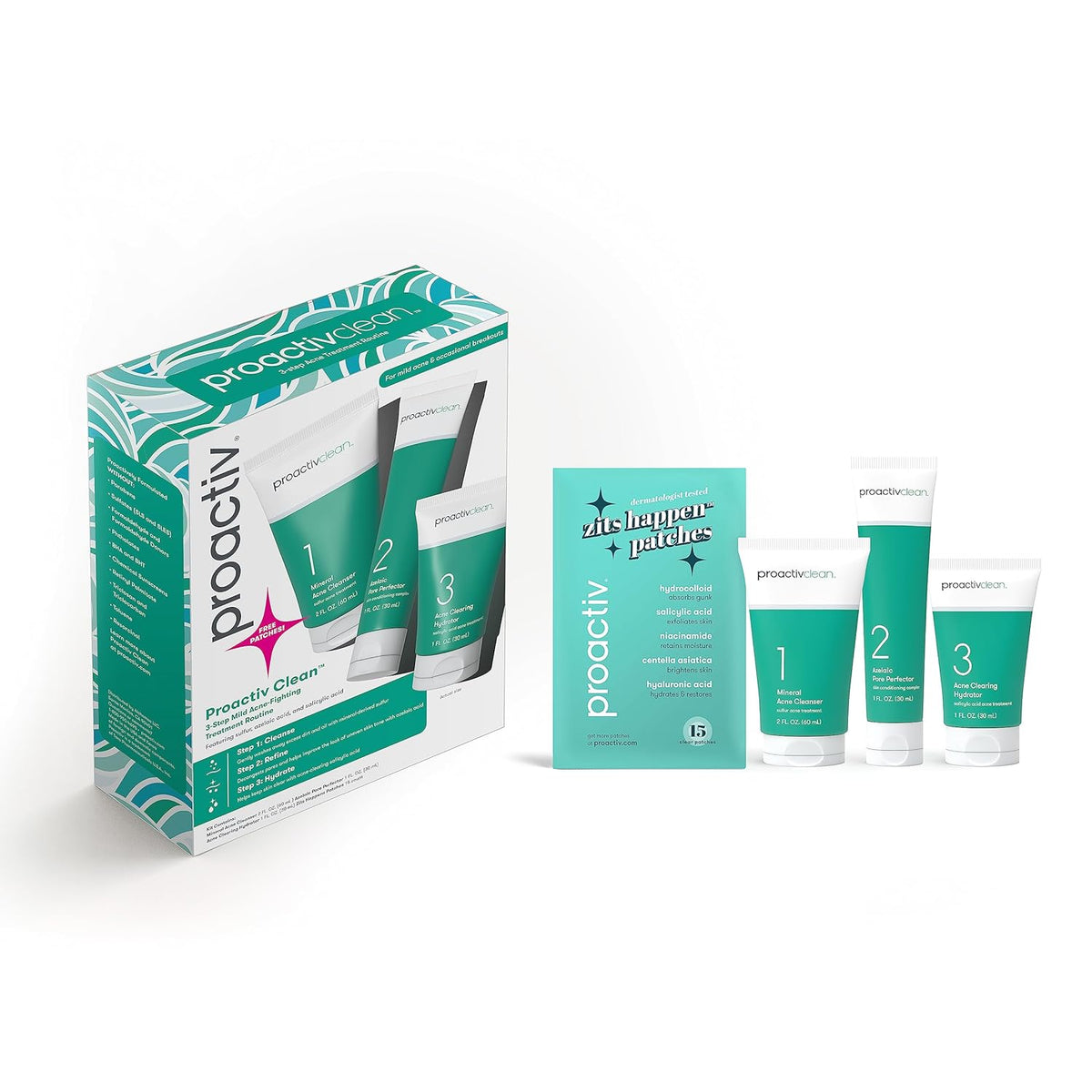 Proactiv Clean 3 Step Acne Routine w/ Pimple Patches- Sulfur Acne Treatment Cleanser, Azelaic Acid Serum, and Facial Moisturizer for Sensitive, Acne-Prone Skin- 30 Day Acne Kit with Pimple Patches
