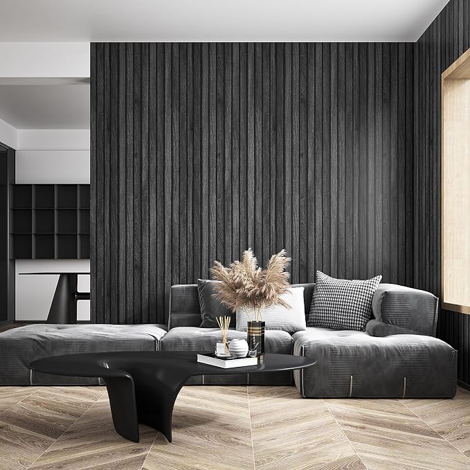 VEELIKE Charcoal Black Wood Slat Wallpaper Peel and Stick Modern Wood Panel