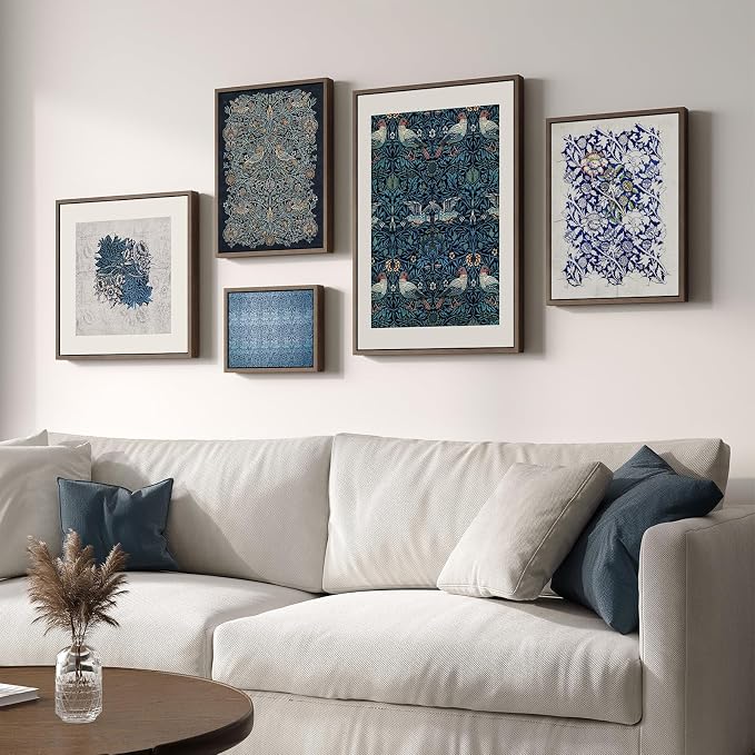 Framed William Morris Wall Art for Living Room, 5 Piece Large Vintage Blue