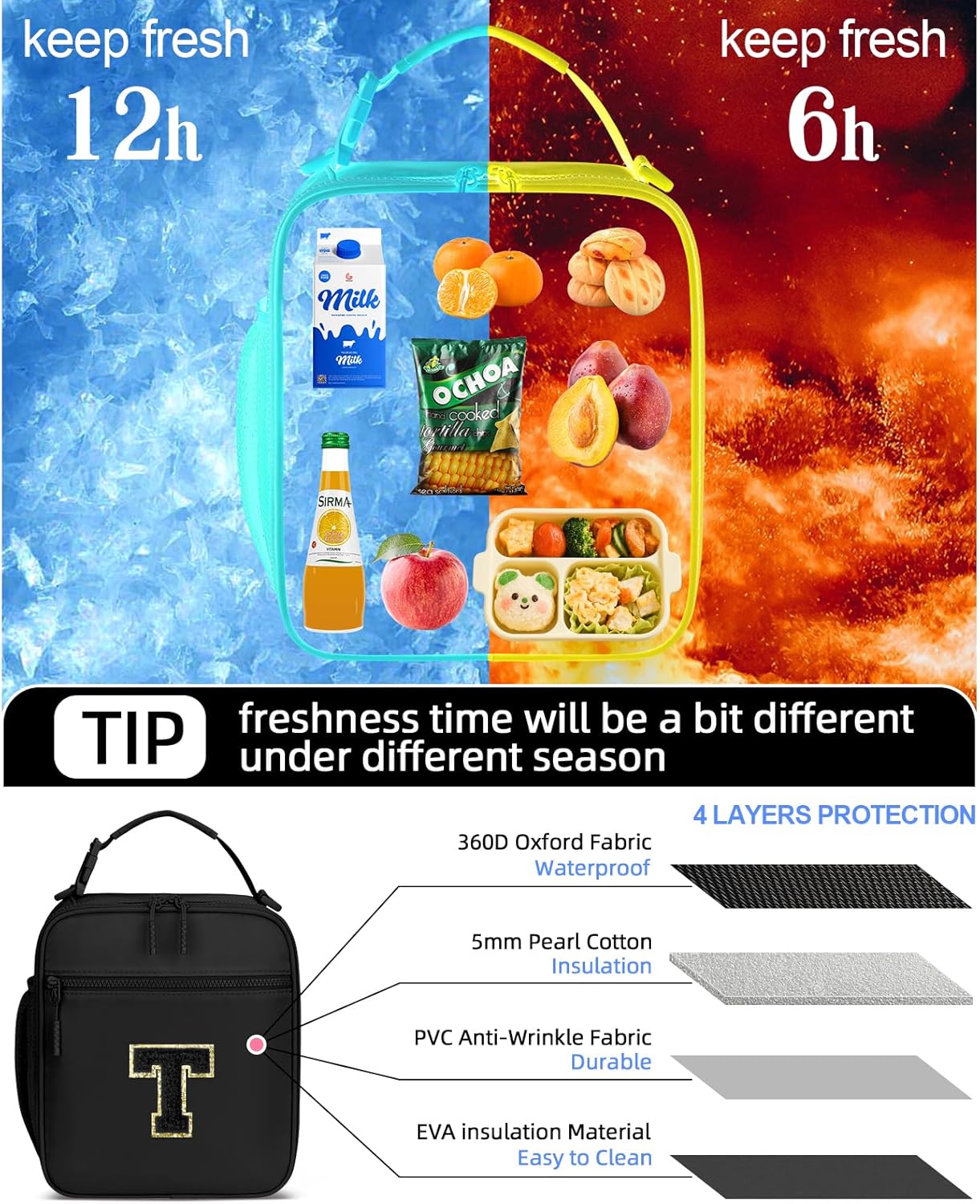 Initial Insulated Lunch Bag for Boys Kids, Back to School Gift, Reusable Leak-proof Lunch Box with Adjustable Strap for School Daycare Travel Picnic（Black，T）
