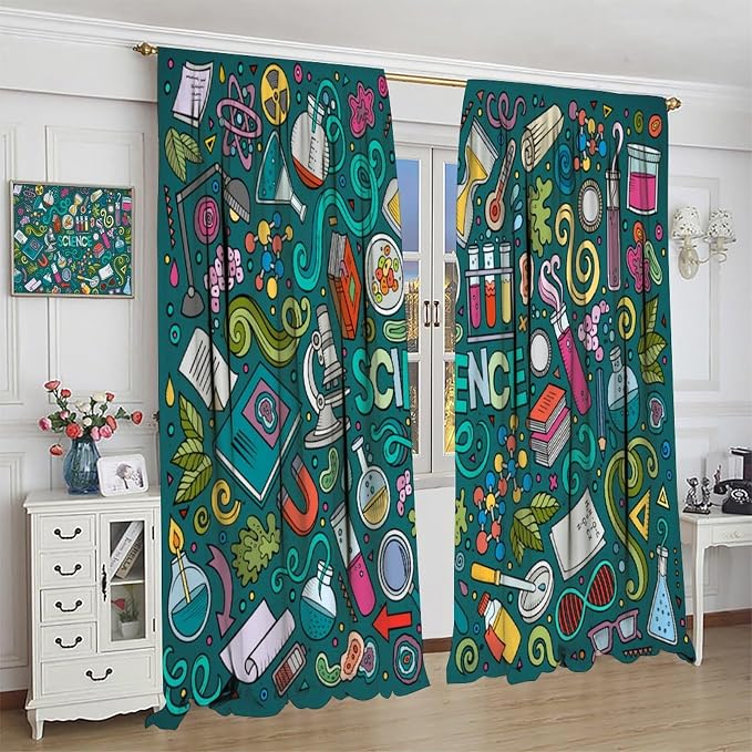 Science Symbols Kids Curtain Sketches Cartoon Chemistry Physics Geometry Education Pattern Print Window Drapes for Bedroom Living Room Kitchen Decor,2 Panel Set,42x45 Inch Blackout