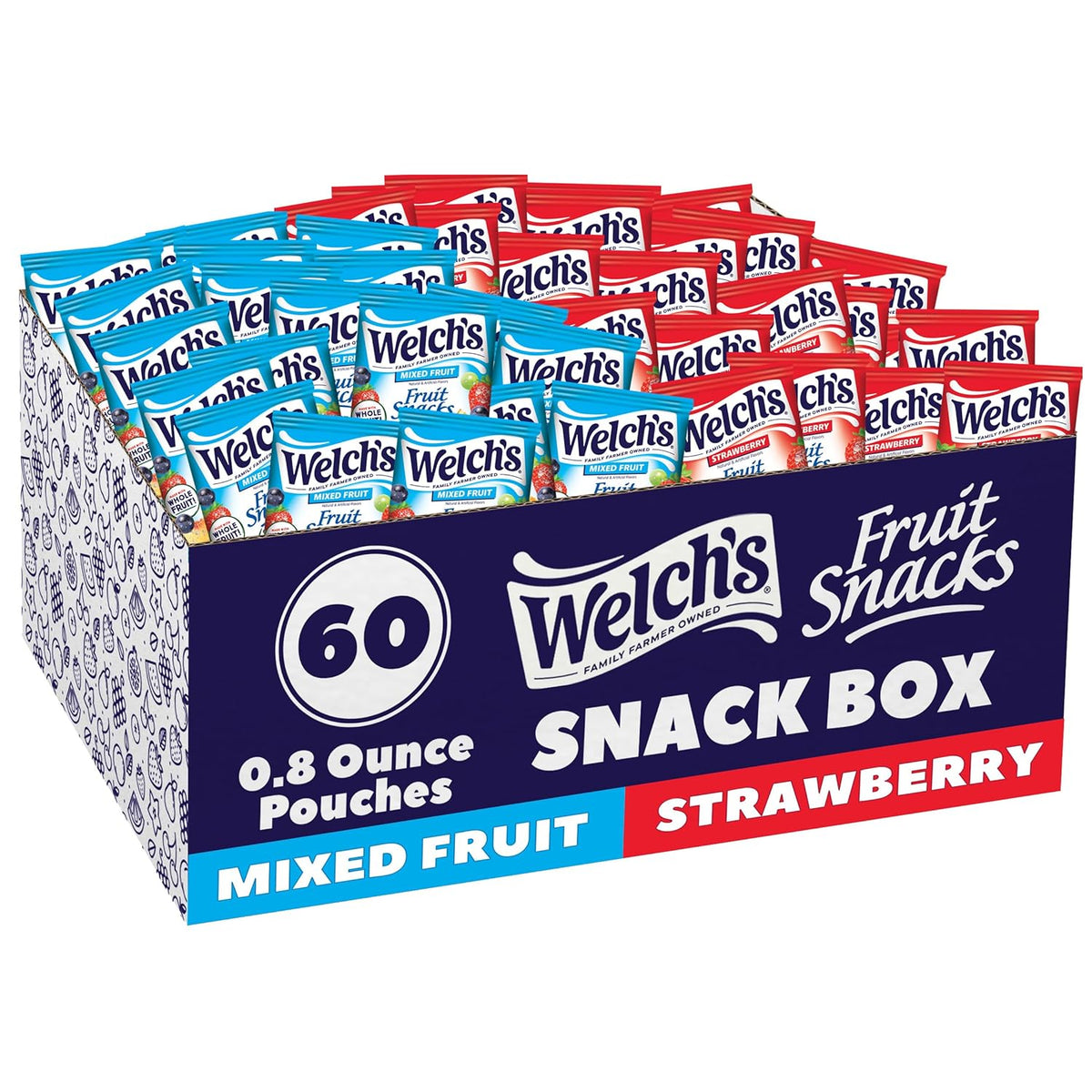 Welch's Fruit Snacks, Mixed Fruit & Strawberry Snack Box, Gluten Free, 0.8oz Snack Packs (Pack of 60)