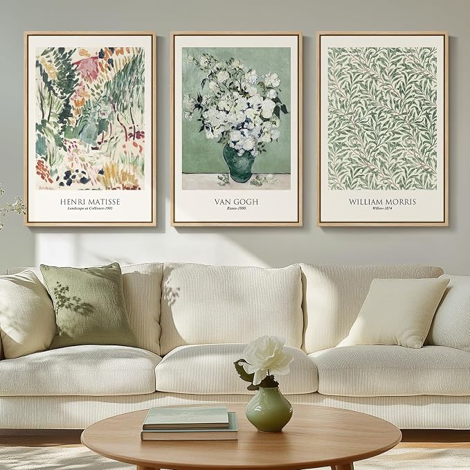 Framed Large Matisse Wall Art for Living Room, 3 Piece Vintage Sage Green