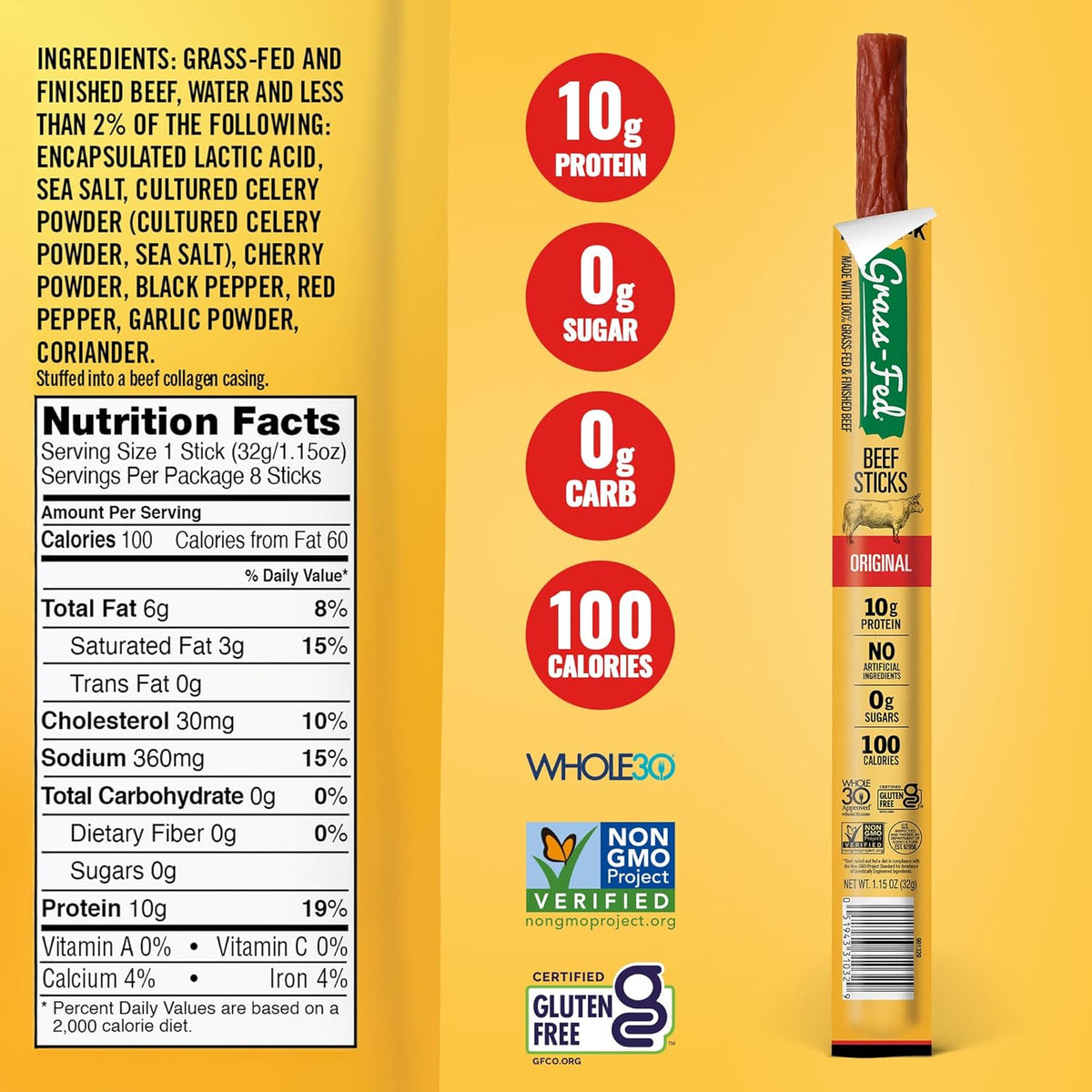 Tillamook Country Smoker 100% Grass Fed Beef Sticks, Zero Sugar, Original, 1.15 Ounce, 8 Pack, Non-GMO Clean Meat Snacks, 10g High Protein Per Stick, Gluten Free Keto Snack, Individually Wrapped