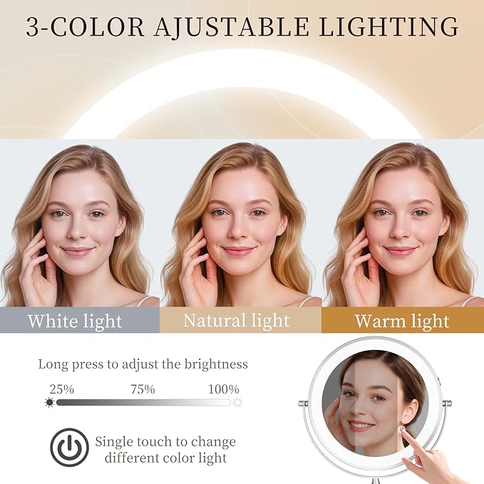 Rocollos Rechargeable Wall Mounted Lighted Makeup Mirror Chrome, 8 Inch
