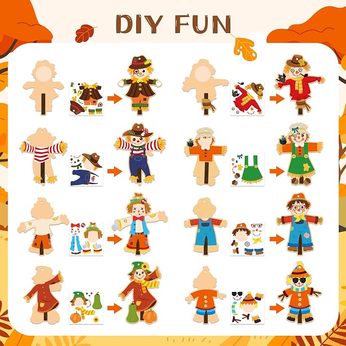 BeYumi Fall Scarecrow Craft Kit - 123Pcs Fall Scarecrow Craft Kit DIY Autumn Thanksgiving Ornament Set Home Classroom Game Activities Art Supplies Decor for Kindergarten Kids