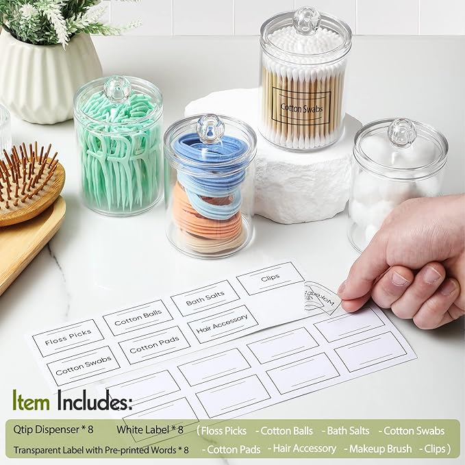AOZITA 8 Pack Acrylic Qtip Holder Dispenser with Lids & Labels, Cotton Swab, Ball, Round Pads, Floss Picks Storage Canister - Clear Plastic Apothecary Jar for Bathroom Vanity Makeup Organizer