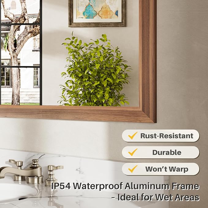 24x36 Inch Bathroom Mirror for Wall, Anti-Rust Walnut Wood Grain Metal Framed