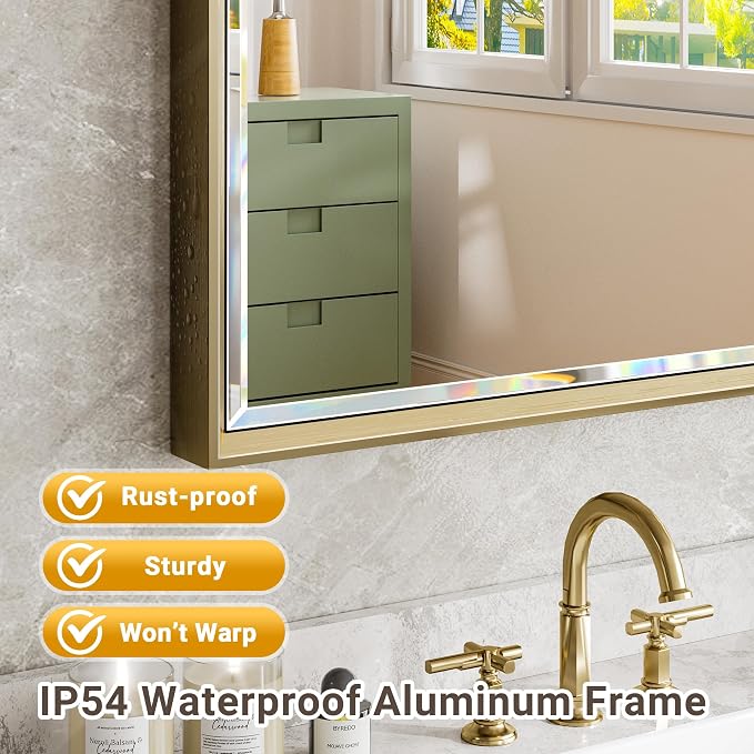 60 x 36 Gold Bathroom Mirror, Brushed Gold Beveled Bathroom Mirror,
