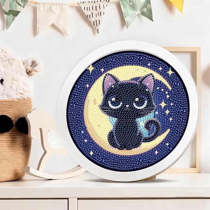 Gemozaic Cat Diamond Art Kits for Kids Ages 6-8-12, Round Frame, 8 x 8 Inch | Black Cat Diamond Art for Kids 6 8 10 12 Year Old, Easy Kid Gem Painting, Cute Animal Arts and Crafts for Girl Birthday Gift